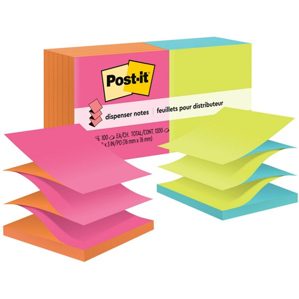 Post-it&reg; Dispenser Notes - 1200 - 3" x 3" - Square - 100 Sheets per Pad - Unruled - Power Pink, Vital Orange, Acid Lime, Aqua Splash - Paper - Refillable, Pop-up, Self-adhesive, Repositionable - 12 / Pack