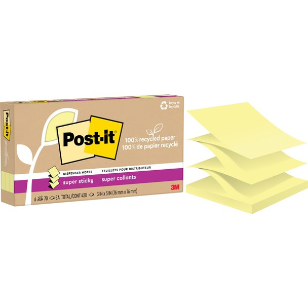 Post-it&reg; Super Sticky Adhesive Note - 420 x Canary Yellow - 3" x 3" - Square - 70 Sheets per Pad - Canary Yellow - Removable, Repositionable, Recyclable, Pop-up - 6 Pad - Recycled