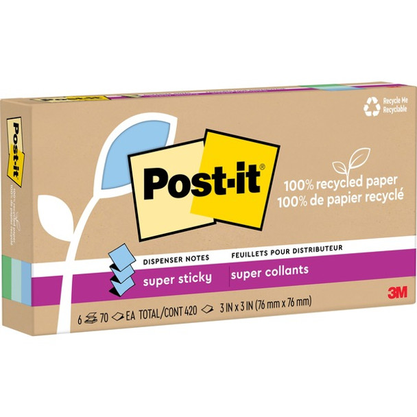 Post-it&reg; Super Sticky Adhesive Note - 420 - 3" x 3" - Square - 70 Sheets per Pad - Assorted Oasis - Removable, Repositionable, Recyclable, Pop-up - 6 Pad - Recycled