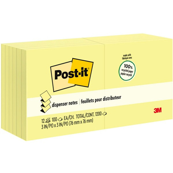 Post-it&reg; Greener Dispenser Notes - 1200 - 3" x 3" - Square - 100 Sheets per Pad - Unruled - Yellow - Paper - Self-adhesive, Repositionable, Non-smearing - 12 / Pack - Recycled