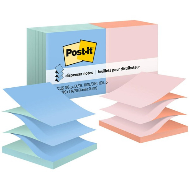 Post-it&reg; Dispenser Notes - Alternating Pastel Colors - 1200 - 3" x 3" - Square - 100 Sheets per Pad - Unruled - Fresh Mint, Canary Yellow, Pink Salt, Papaya Fizz - Paper - Refillable, Pop-up, Self-adhesive, Repositionable - 12 / Pack