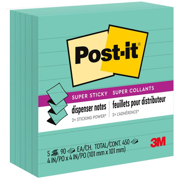 Post-it&reg; Super Sticky Pop-up Lined Note Refills - 4" x 4" - Square - 90 Sheets per Pad - Blue - Sticky - 5 / Pack