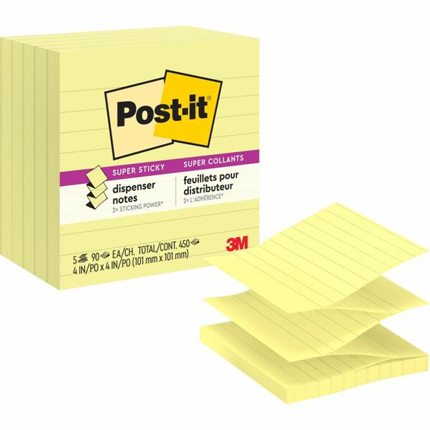 Post-it&reg; Super Sticky Lined Dispenser Notes - 450 - 4" x 4" - Square - 90 Sheets per Pad - Ruled - Canary Yellow - Paper - Pop-up, Self-adhesive - 5 / Pack