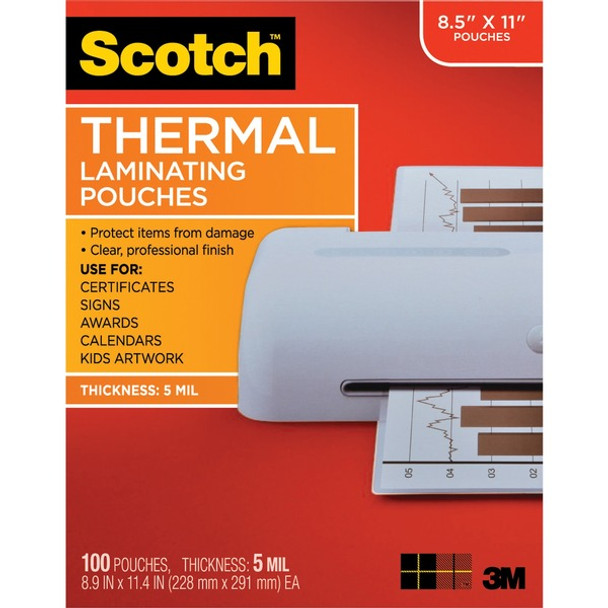 Scotch Thermal Laminating Pouches - Sheet Size Supported: Letter 8.50" Width x 11" Length - Laminating Pouch/Sheet Size: 8.90" Width5 mil Thickness - for Sign, Schedule, Artwork, Certificate - Durable, Photo-safe, Thick - Clear - 100 / Pack