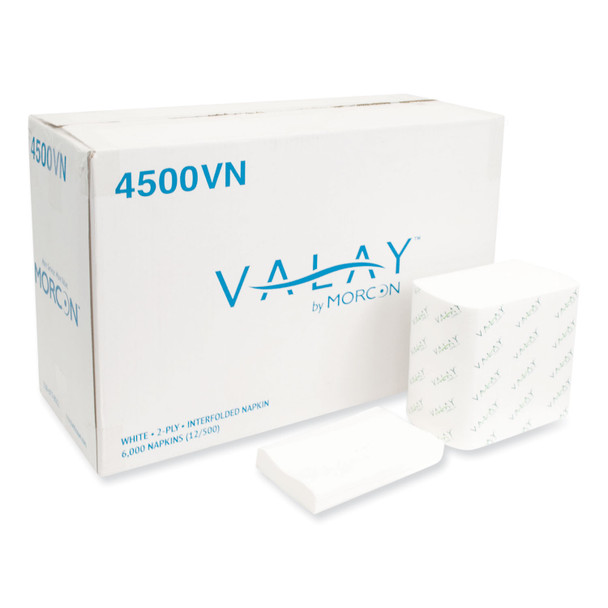 Valay Interfolded Napkins, 2-Ply, 6.5 x 8.25, White, 500/Pack, 12 Packs/Carton