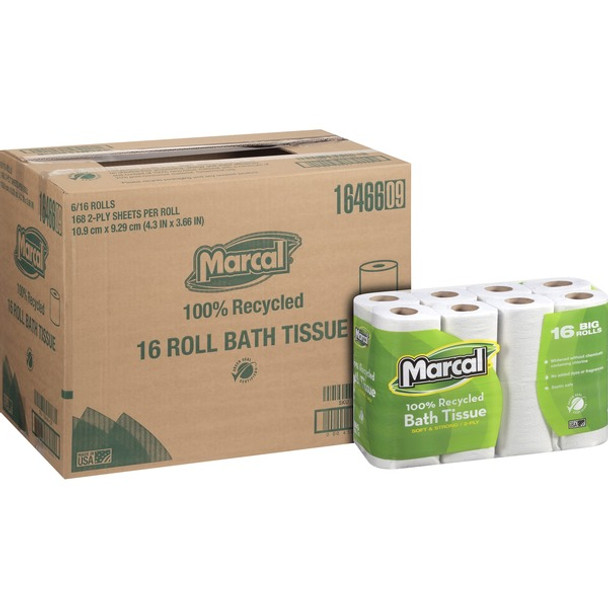 Marcal 100% Recycled Soft/Strong Bath Tissue - 2 Ply - 4.20" x 3.60" - 168 Sheets/Roll - White - Soft, Strong, Septic Safe, Hypoallergenic - For Bathroom - 16 Rolls Per Container - 6 / Carton