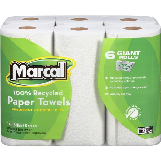 Marcal 100% Recycled Giant Roll Paper Towels - 2 Ply - 140 Sheets/Roll - White - Perforated, Dye-free, Fragrance-free, Strong, Lint-free, Absorbent - 6 Rolls Per Container - 6 / Pack