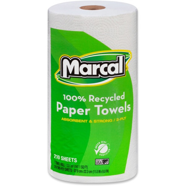 Marcal 100% Recycled, Jumbo Roll Paper Towels - 2 Ply - 11" x 9" - 210 Sheets/Roll - White - Fiber Paper - Lint-free, Dye-free, Perforated, Hypoallergenic, Fragrance-free, Non-chlorine Bleached - For General Purpose - 12 / Carton
