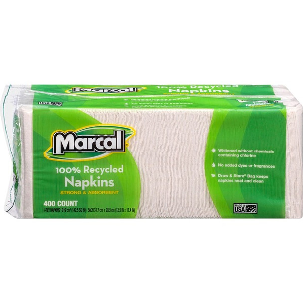 Marcal 100% Recycled Luncheon Napkins - 1 Ply - 12.50" x 11.40" - White - Paper - Hypoallergenic, Dye-free, Fragrance-free, Strong, Absorbent - For Food Service, Office Building, Lunch - 400 / Pack