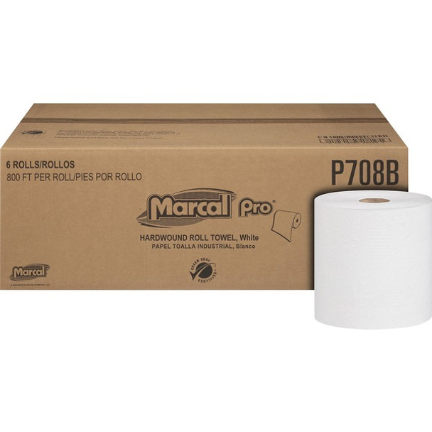 Marcal Hardwound Roll Towel - 1 Ply - 7.87" x 800 ft - White - Paper - Chlorine-free, Lint-free, Bleach-free, Hypoallergenic - 6 / Carton