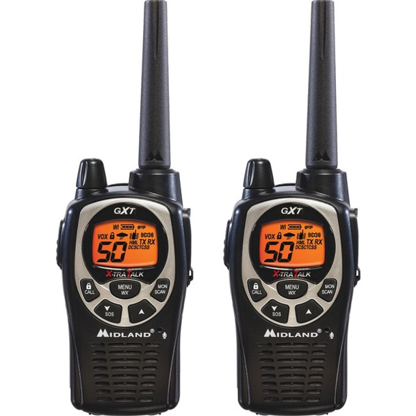 Midland GXT1000VP4 Up to 36 Mile Two-Way Radio - 50 Radio Channels - 22 GMRS - Upto 158400 ft - Auto Squelch, Hands-free, Keypad Lock, Silent Operation - Alkaline - Black, Silver - 2 Each