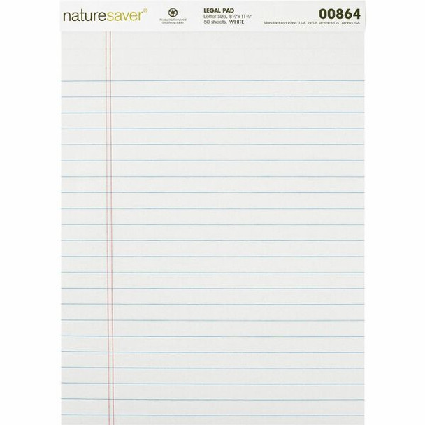 Nature Saver Recycled Legal Ruled Pads - 50 Sheets - 0.34" Ruled - 15 lb Basis Weight - 8 1/2" x 11 3/4" - White Paper - Perforated, Stiff-back, Easy Tear, Back Board - Recycled - 1 / Dozen