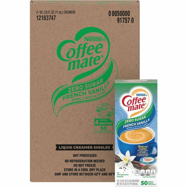 Coffee mate Sugar-Free Liquid Coffee Creamer Singles - French Vanilla Flavor - 0.38 fl oz (11 mL) - 4/Carton - 50 Per Box - 200 Serving