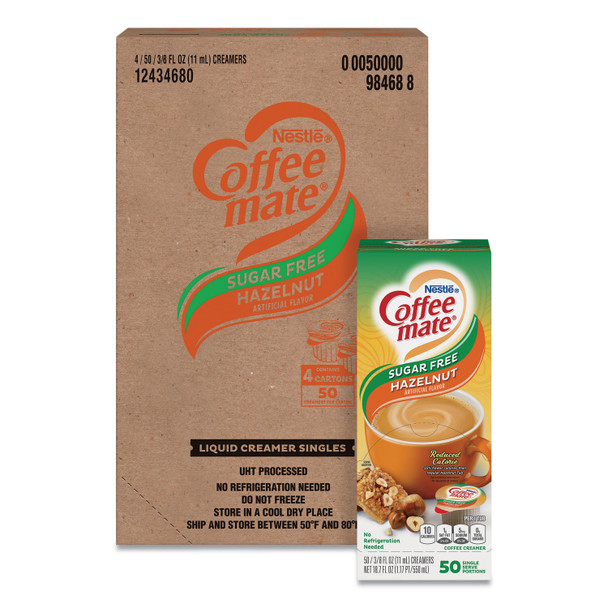 Liquid Coffee Creamer, Sugar Free Hazelnut, 0.38 oz Mini Cups, 50/Box, 4 Boxes/Carton