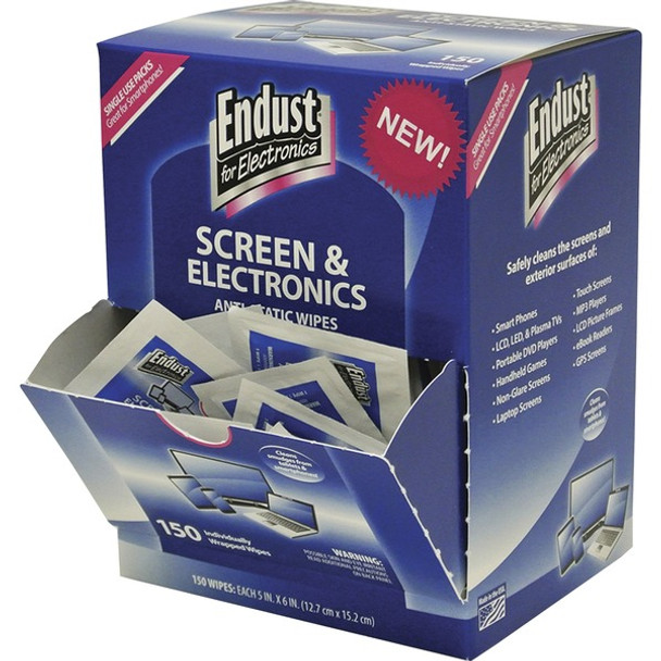 Endust Screen/Electronics Clean Wipes - For Smartphone, Handheld Device, Notebook, LCD, GPS Navigation System, Display Screen - Anti-static, Alcohol-free, Ammonia-free, Soft, Non-abrasive - 150 / Pack - Blue