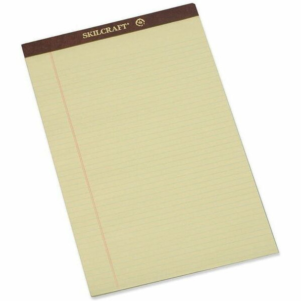 AbilityOne  SKILCRAFT Perforated Writing Pad - 50 Sheets - 0.25" Ruled - Ruled Margin - 16 lb Basis Weight - Legal - 8 1/2" x 14" - Canary Paper - Perforated, Back Board, Heavyweight, Leatherette Head Strip - Recycled - 1 Dozen