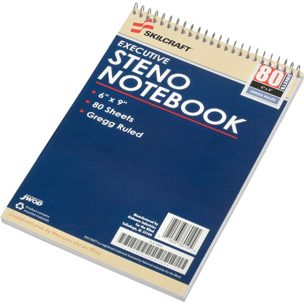 AbilityOne  SKILCRAFT Executive Steno Notebooks - 80 Sheets - Spiral - 0.38" Ruled - Gregg Ruled Margin - 15 lb Basis Weight - 6" x 9" - White Paper - Chlorine-free, Durable Cover - 12 / Pack