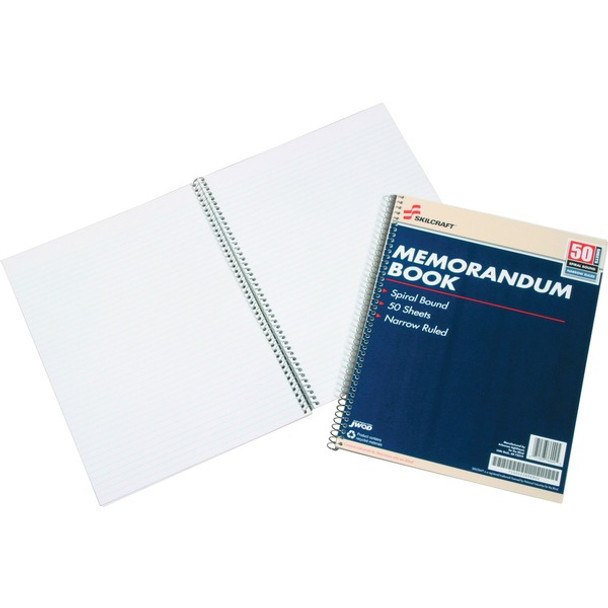 AbilityOne  SKILCRAFT Spiral Ruled Memorandum Notebook - 50 Sheets - Spiral - 0.25" Ruled - 15 lb Basis Weight - Letter - 8 1/2" x 11" - White Paper - Blue Cover - Chlorine-free - Recycled - 1 / Pack