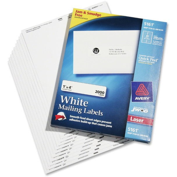 AbilityOne  SKILCRAFT Mailing Labels - 4" Width x 1" Length - Rectangle - Laser - White - 20 / Sheet - 2000 / Box - Smudge-free, Jam-free, Self-adhesive