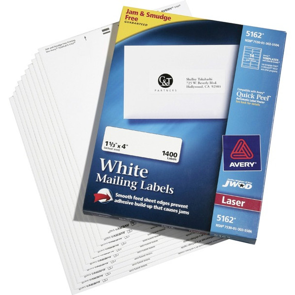 AbilityOne  SKILCRAFT Mailing Labels - 4" Width x 1 21/64" Length - Rectangle - Laser - White - 14 / Sheet - 1400 / Box - Smudge-free, Jam-free, Self-adhesive