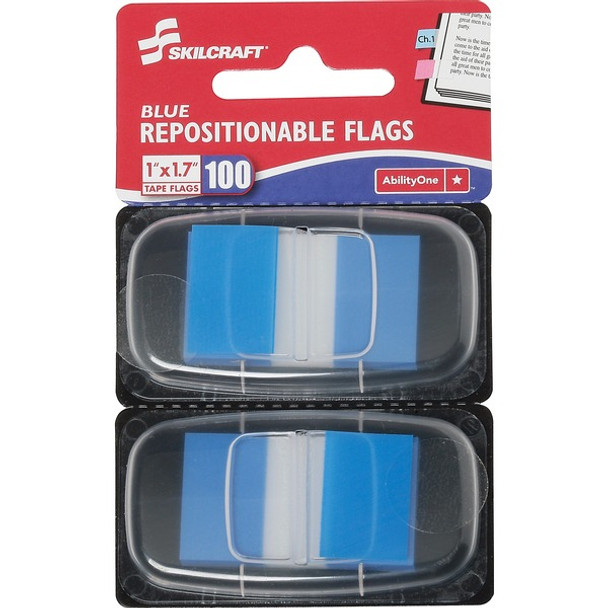 AbilityOne  SKILCRAFT Repositionable Self-stick Flags - 1" x 1.75" - Rectangle - Blue - Repositionable, Self-adhesive, Removable - 100 / Pack - Recycled