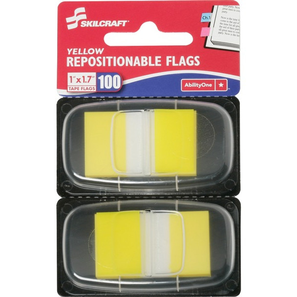AbilityOne  SKILCRAFT Repositionable Self-stick Flags - 1" x 1.75" - Rectangle - Yellow - Repositionable, Self-adhesive, Removable - 100 / Pack - Recycled