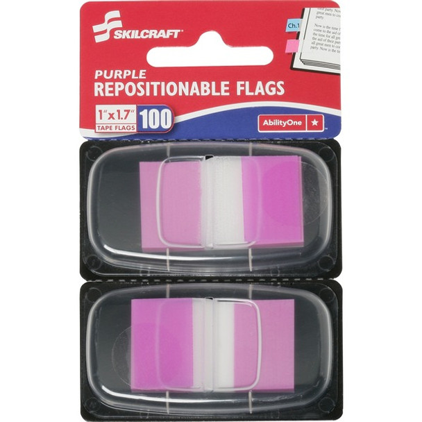 AbilityOne  SKILCRAFT Repositionable Self-stick Flags - 1" x 1.75" - Rectangle - Purple - Repositionable, Self-adhesive, Removable - 100 / Pack - Recycled