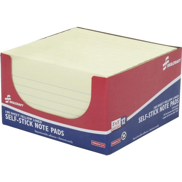 AbilityOne  SKILCRAFT 7530-01-346-4849 Self-Stick Note Pad - 3" x 5" - Yellow - Paper - 12 / Dozen - Front Ruling Type: Ruled