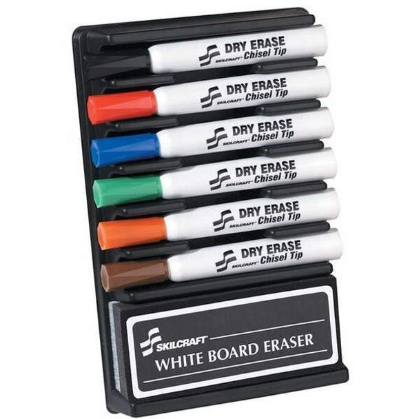 AbilityOne  SKILCRAFT Dry Erase 6-Color Assorted Marker - Chisel Marker Point Style - Orange, Black, Black, Red, Blue, Green, Brown - 6 / Set