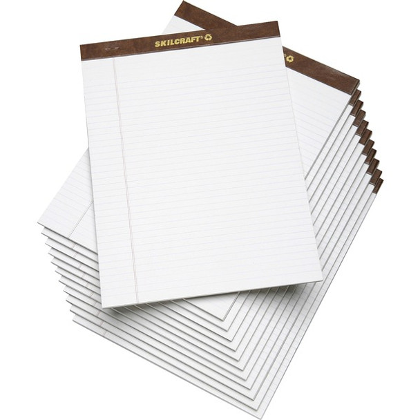 AbilityOne  SKILCRAFT Writing Pad - 50 Sheets - Letter - 8 1/2" x 11" - White Paper - Perforated, Back Board, Leatherette Head Strip - Recycled - 1 Dozen