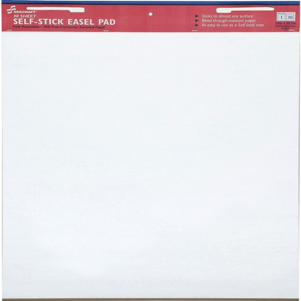 AbilityOne  SKILCRAFT Self-Stick Easel Pad - 30 Sheets - Plain - 18.50 lb Basis Weight - 25" x 30" - White Paper - Self-adhesive, Lightweight, Repositionable, Removable - 2 / Pack