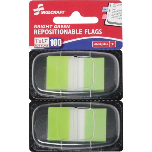 AbilityOne  SKILCRAFT Bright Self-stick Marker Flags - 1" x 1.75" - Rectangle - Bright Green - Repositionable, Self-adhesive, Removable - 100 / Pack - Recycled