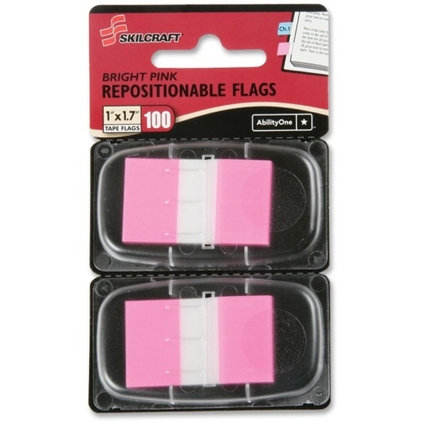 AbilityOne  SKILCRAFT Bright Self-stick Marker Flags - 1" x 1.75" - Rectangle - Bright Pink - Repositionable, Self-adhesive, Removable - 100 / Pack - Recycled