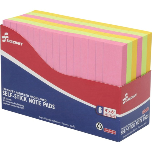 AbilityOne  SKILCRAFT Self-Stick Neon Note Pad - Self-adhesive - 4" x 6" - Lemon, Lime, Melon, Pink - Paper - 6 / Pack - Front Ruling Type: Ruled