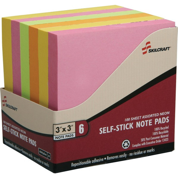 AbilityOne  SKILCRAFT Self-Stick Neon Note Pad - Self-adhesive - 3" x 3" - Melon, Lemon, Pink - Paper - 6 / Box