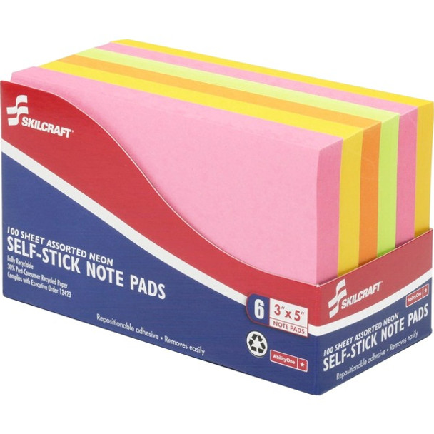 AbilityOne  SKILCRAFT Self-Stick Neon Note Pad - Self-adhesive - 3" x 5" - Lemon, Lime, Melon, Pink - Paper - 6 / Pack