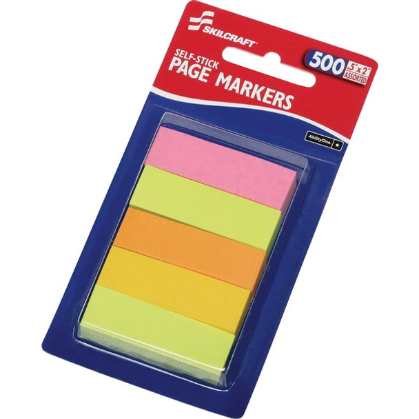 AbilityOne  SKILCRAFT Self-stick Page Markers - 0.50" x 2" - Assorted Neon - Self-stick, Self-adhesive, Durable, Writable - 500 / Pack - Recycled - TAA Compliant