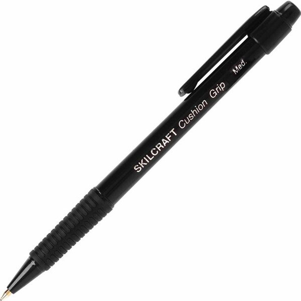 AbilityOne  SKILCRAFT Retractable Cushion Grip Ballpoint Pen - Medium Pen Point - Refillable - Retractable - Black - 1 Dozen