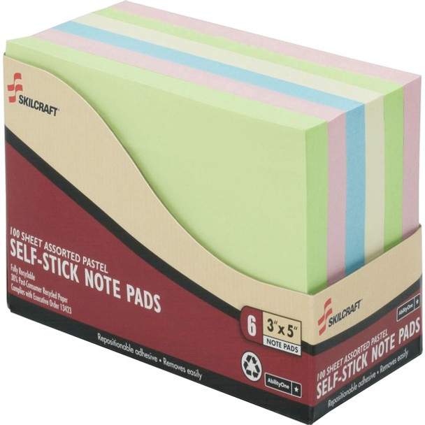 AbilityOne  SKILCRAFT Self-Stick Pastel Note Pad - Self-adhesive - 3" x 5" - Blue, Pink, Yellow - Paper - 6 / Pack