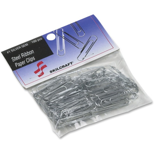 AbilityOne  SKILCRAFT Paper Clips - No. 1 - 100 / Pack - Silver - Steel