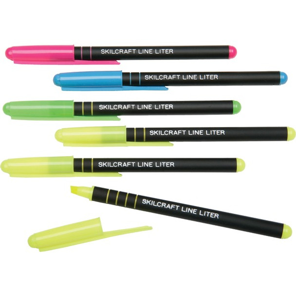 AbilityOne  SKILCRAFT Line Liter Pocket Highlighters - Chisel Marker Point Style - Fluorescent Yellow, Fluorescent Pink, Fluorescent Blue, Fluorescent Green - Rubberized Barrel - 6 / Pack