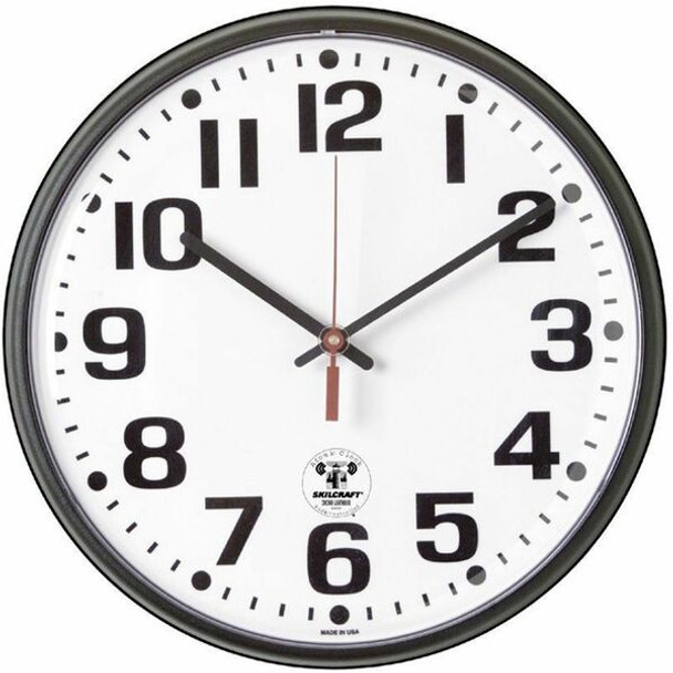 AbilityOne  SKILCRAFT Atomic Slimline Clock - Analog - Quartz - White Main Dial - Black/Plastic Case