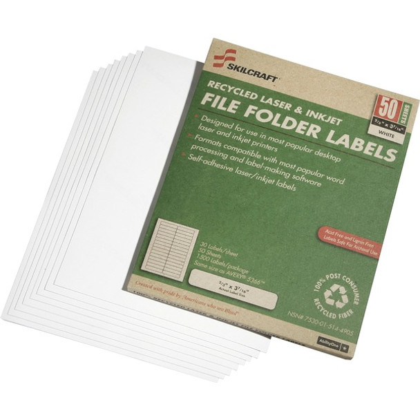 AbilityOne  SKILCRAFT 1/3 Tab Laser Label - 2/3" Width x 3 7/16" Length - Rectangle - Laser, Inkjet - White - 30 / Sheet - 1500 / Box - Chlorine-free, Lignin-free
