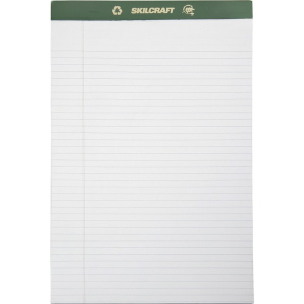 AbilityOne  SKILCRAFT Perforated Chlorine Free Writing Pad - 50 Sheets - Tape Bound - 0.31" Ruled - 20 lb Basis Weight - Legal - 8 1/2" x 14" - White Paper - Green Binding - Back Board, Perforated, Leatherette Head Strip, Chlorine-free - 12