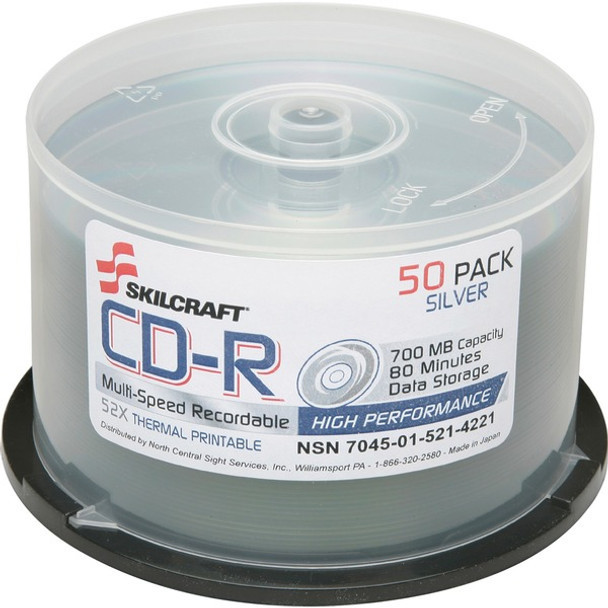 AbilityOne  SKILCRAFT CD Recordable Media - CD-R - 52x - 700 MB - 1 Pack Spindle - 120mm - Printable - Thermal Printable - 1.33 Hour Maximum Recording Time