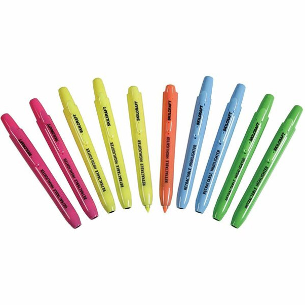 AbilityOne  SKILCRAFT Retractable Highlighter - Medium, Fine Marker Point - Chisel Marker Point Style - Retractable - Yellow, Green, Blue, Pink, Orange - 10 / Set
