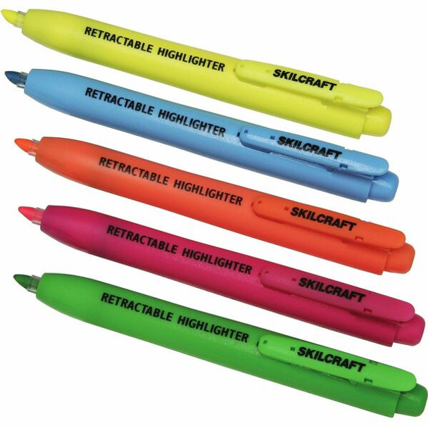 AbilityOne  SKILCRAFT Retractable Highlighter - Medium, Fine Marker Point - Chisel Marker Point Style - Retractable - Yellow, Green, Blue, Pink, Orange - 5 / Set