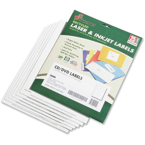 AbilityOne  SKILCRAFT Matte CD/DVD Label - 50 / Pack - Circle - 2/Sheet - Laser, Inkjet - White