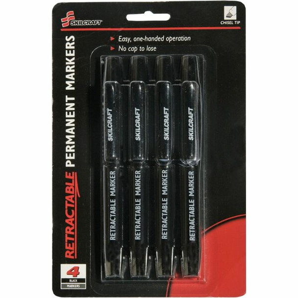 AbilityOne  SKILCRAFT Permanent Marker - Fine, Medium, Broad Marker Point - Chisel Marker Point Style - Retractable - Black - 4 / Pack