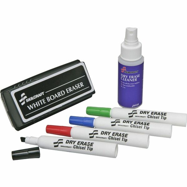 AbilityOne  SKILCRAFT Dry Erase Starter Kit - Medium Marker Point - Chisel Marker Point Style - Black, Blue, Red, Green - 12 / Set